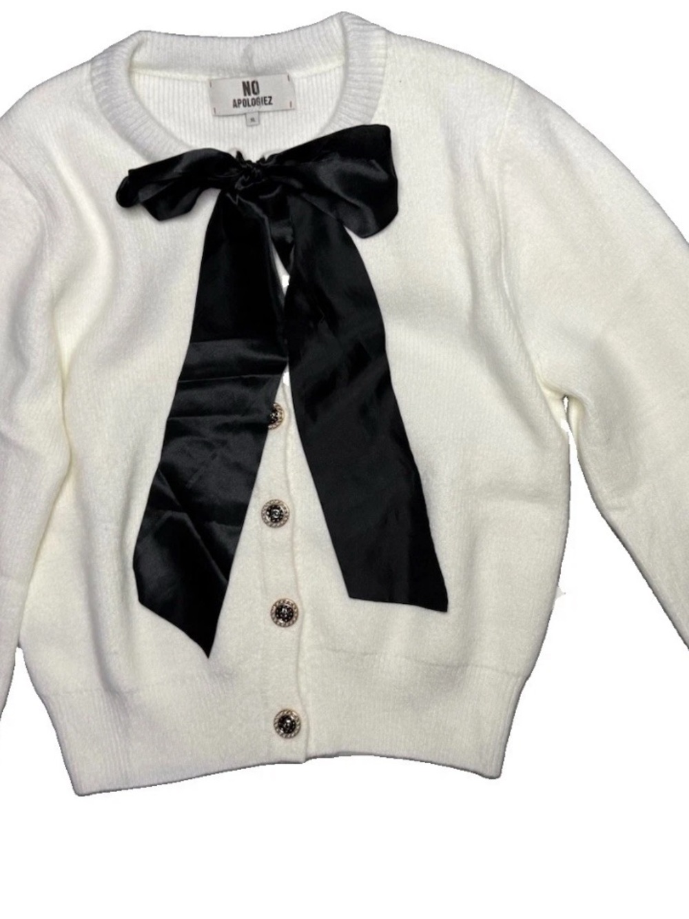 NWT Womens French Girl Aesthetic White Knit Cardigan Bold Black Front Bow Medium